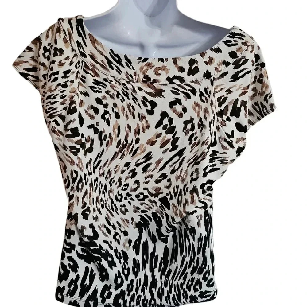 RAFAELLA Women XL Cheetah Print Cotton Blouse Gold Button Boat Neck Chic Neutral - Picture 4 of 8